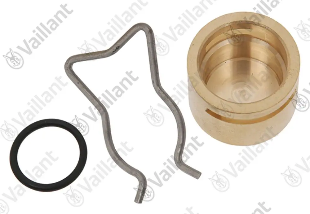 Vaillant-Produktset bestehend aus einer metallenen Kappe, einer Feder sowie einem schwarzen O-Ring. Verwendung in Heizungs- oder Sanitäranlagen möglich.